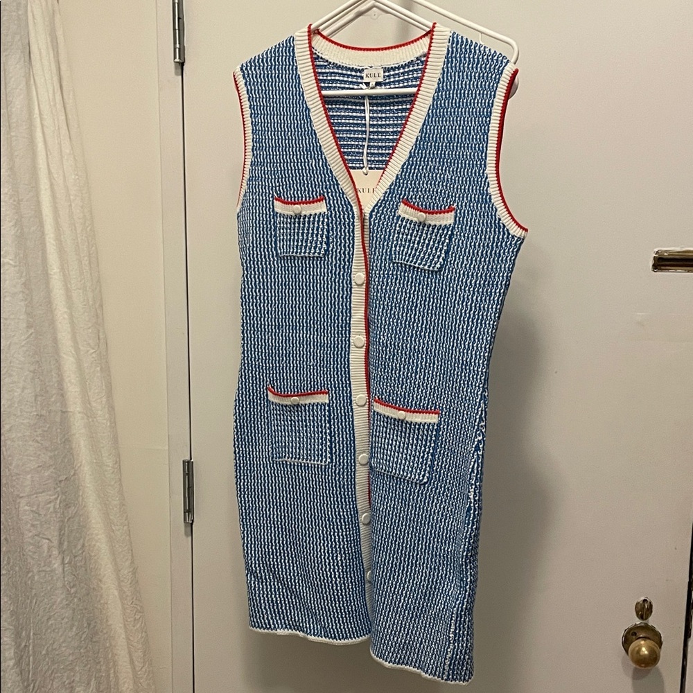 KULE Blue and White Knit Mini Dress with Red Trim